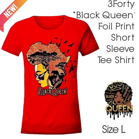 3 Forty Tops - 3Forty Black Queen Foil Print Short Sleeve Tee Shirt